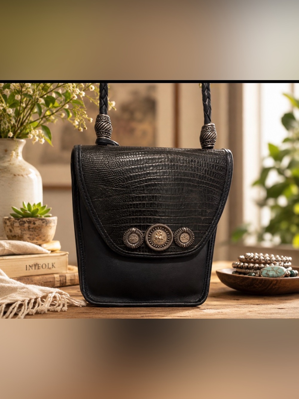 Brighton leather rare crossbody bag with horse embellishments and braided strap